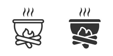 Vector illustration of a campfire pot icon in black and white. Perfect for camping, cooking, and outdoor adventure designs.
