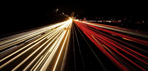 Fast-Moving Traffic at Night, Light Streaks on the Highway, Urban Speed and Motion, Cityscape in the Background