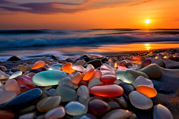 Wall Mural - a-beach-composed-of-colorful-smooth-sea-glass-pebbles-the-sunset-light-will-cast-a-warm-glow