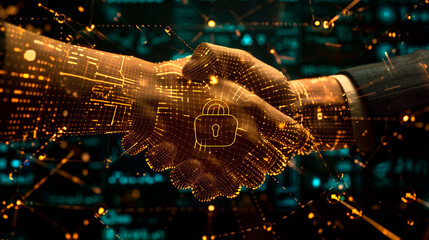 Poster - Digital handshake with a lock graphic in a network-themed style on a dark background. Concept of cybersecurity in the digital age.  Generative AI