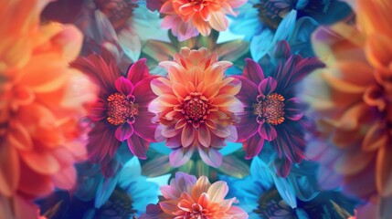 Wall Mural - Colorful Flowers in Abstract Symmetric Patterns Displaying Ornamental Kaleidoscope Movement With Geometric Shapes