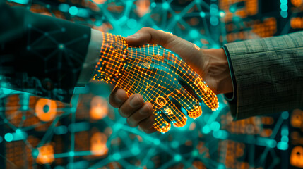Poster - Digital handshake with glowing network graphics, futuristic style, abstract background. Concept of cybersecurity and blockchain,  Generative AI