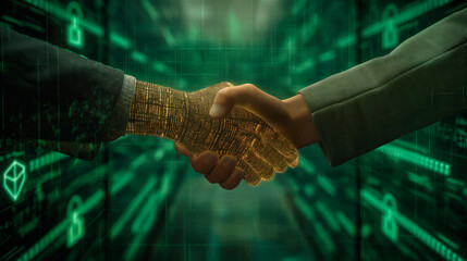 Poster - Two hands shaking, one digital and one human, on a futuristic green background. Concept of digital and real-world asset exchange.  Generative AI