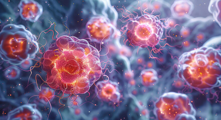 Poster - A representation of cell mutation, highlighting the differences between normal and mutated cells in a vibrant cellular landscape. Generative AI.