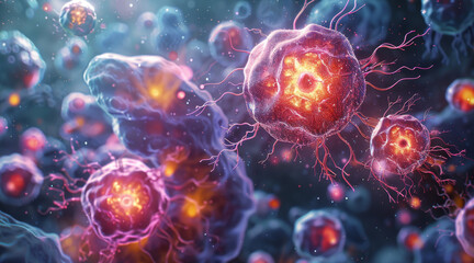 Poster - A representation of cell mutation, highlighting the differences between normal and mutated cells in a vibrant cellular landscape. Generative AI.