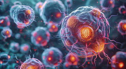 Poster - A representation of cell mutation, highlighting the differences between normal and mutated cells in a vibrant cellular landscape. Generative AI.