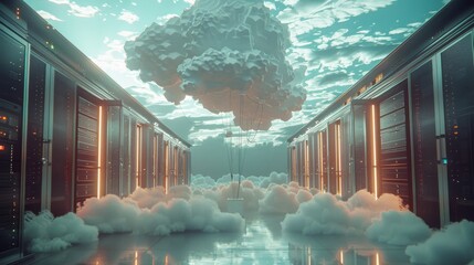 Poster - A network switch being pulled into the clouds by balloons with cool looking clouds and fun lighting. Generative AI.