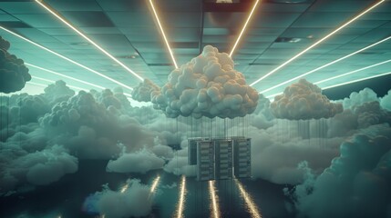 Poster - A network switch being pulled into the clouds by balloons with cool looking clouds and fun lighting. Generative AI.