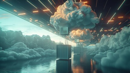 Poster - A network switch being pulled into the clouds by balloons with cool looking clouds and fun lighting. Generative AI.