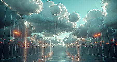 Poster - A network switch being pulled into the clouds by balloons with cool looking clouds and fun lighting. Generative AI.