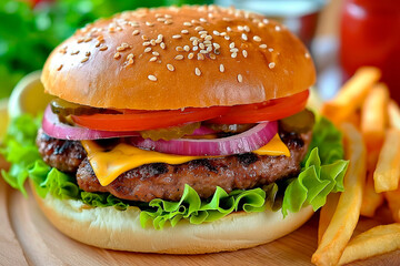 Wall Mural - big fresh tasty burger with beef patty, lettuce, onions, tomatoes and cucumbers on wooden table isolated