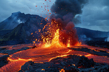 Generative ai on theme of erupting volcano with cascading hot lava surrounded thick white smoke