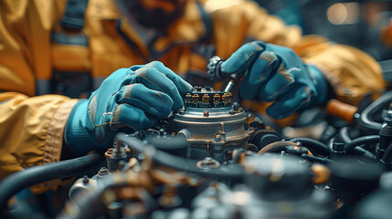 Poster - The mechanic works on the engine of a car in the mechanic's garage. Repair service. Generative AI.