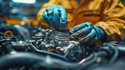 Poster - The mechanic works on the engine of a car in the mechanic's garage. Repair service. Generative AI.