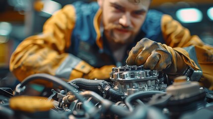 Poster - The mechanic works on the engine of a car in the mechanic's garage. Repair service. Generative AI.