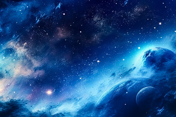 a blue and white space with two planets and a lot of rocks.