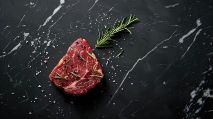 Canvas Print - Flat iron steak seasoned with rosemary and pink salt Fresh black Angus beef on a marble surface with a dark background Overhead perspective