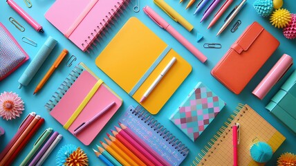 Flat lay of colorful office supplies on a vibrant background