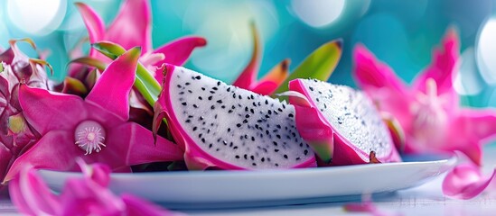 Wall Mural - Fresh dragon fruit slice on a white plate against a background of pitahaya, showcasing the vibrant colors of white, pink, and purple - a delightful tropical fruit from Asia.