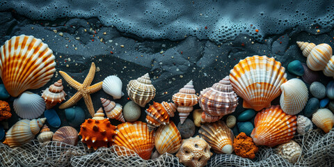 Vivid seashells with fishing net on dark sand, suitable for nautical and marine life themes. World Ocean Day.