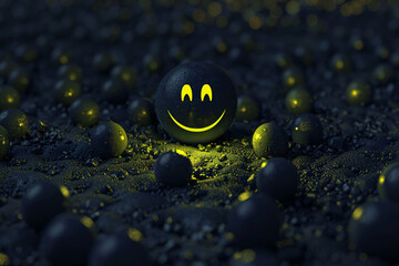 Wall Mural - a smiley face on a black ball surrounded by black pebbles