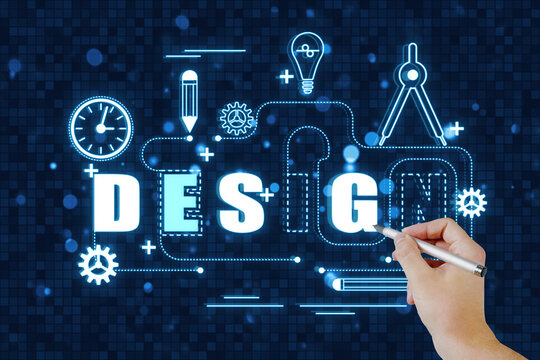 Graphic design concept outline. Close up of male hand using digital thin line illustration hologram on blue background.