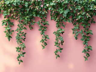 Wall Mural - a wall with climbing plants growing on it, and the plants are green with pink flowers.