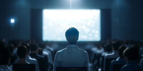 people watching tv, Business Presentation Professional blurred background image of a business presentation with a speaker at the front, a projector screen, and an attentive audience. 