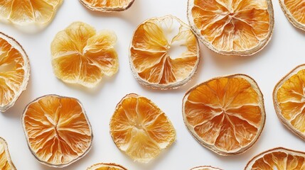 Dried slices of pummelo on white background from above
