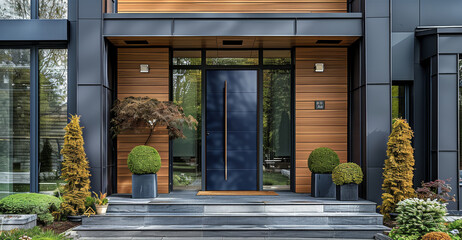 Aufkleber - Modern navy blue front door with a full-length glass panel and two clear sidelites, bordered by a contemporary light wood exterior, bright sunny day. Generative AI.