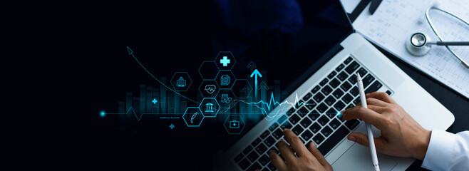 Wall Mural - Healthcare business graph and analysis data of Medical business growth, investment, financial and banking on global, Health Insurance, Digital healthcare and network, Medical business and technology.