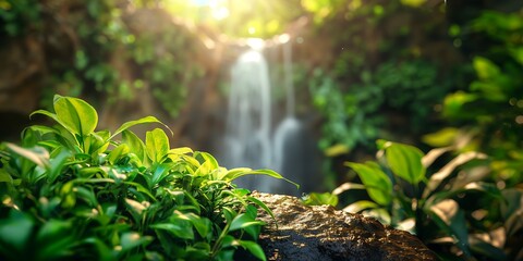 waterfall in the forest, Jungle Waterfall Serene blurred background image of a waterfall cascading down a cliff in the jungle, surrounded by vibrant green plants and trees. 