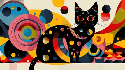 Naklejka na meble Stylized cat illustration featuring geometric shapes and colorful circles. Perfect for modern art and graphic design projects.