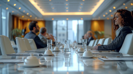 Poster - An LGBTQ business conference, participants actively engaged, dynamic interaction, straight-on view. Elegant conference room with sophisticated design. Generative AI.