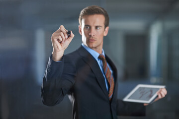 Poster - Businessman, tablet and writing with marker for stock market, professional and suit for corporate. Male person, brainstorming and planning for company, working and technology with connection