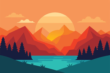 Wall Mural - Beautiful vector landscape illustration, peaceful warm sunrise over mountains, lake and forest. The concept of travel, hiking, outdoor activities and adventure vector illustration