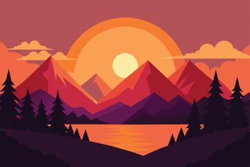 Wall Mural - Beautiful vector landscape illustration, peaceful warm sunrise over mountains, lake and forest. The concept of travel, hiking, outdoor activities and adventure vector illustration