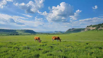 Wall Mural - Two cows graze peacefully in a wide, green field under a blue sky with fluffy clouds, surrounded by rolling hills.