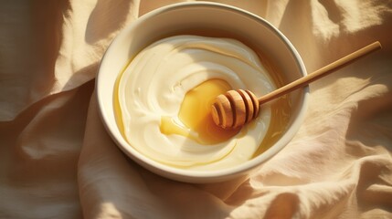 Top view of creamy vanilla yogurt in a white bowl, drizzled with honey, soft morning light