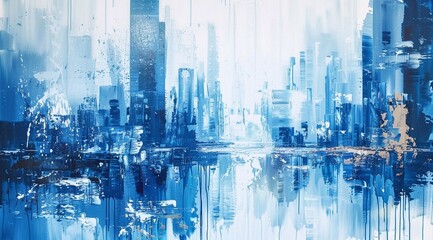 Wall Mural - modern abstract blue cityscape in the style of watercolor painting, shiny foil and metallic accents reflection on a white background. generative AI