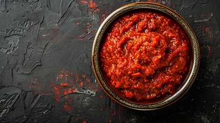 Wall Mural - Aerial view of Harissa, fiery red chili paste with visible spices, elegantly presented in a ceramic dish, isolated background, studio lighting