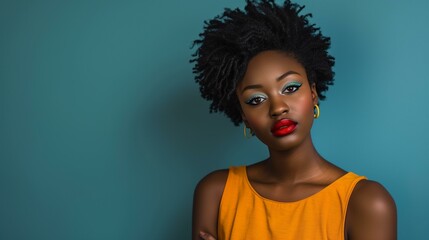 Black woman with curly hair wearing orange tank top with red lipstick blue eyeshadow looking at camera with neutral expression, indoors