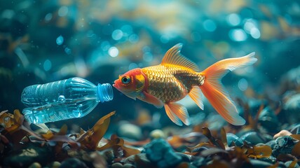 Goldfish interacting with a plastic bottle in a polluted underwater environment