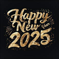 A black and gold poster with the words Happy New Year written in gold letters