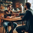 © lonelyArt - Two men are shaking hands across a table in a bar