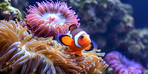 Wall Mural - Ocellaris clownfish swimming near anemone in ocean habitat. Concept Underwater Photography, Marine Life, Ocean Ecosystem, Coral Reefs, Wildlife Conservation
