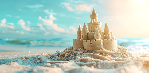 sand castle on the beach with blue sky and ocean background. summer vacation concept