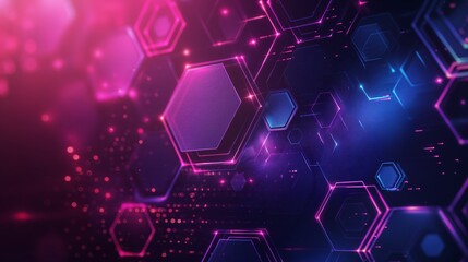 Fototapete - This image is a digital rendering of an abstract technology background. It features a honeycomb pattern of glowing hexagons in shades of blue and purple, with streaks of light emanating from the