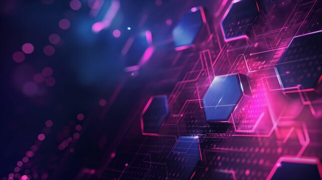 This image is a digital rendering of an abstract technology background. It features a honeycomb pattern of glowing hexagons in shades of blue and purple, with streaks of light emanating from the