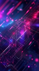 Fototapete - This is a digital illustration of an abstract technology background. It features a complex network of lines and circuits, illuminated with pink and blue lights. The image is reminiscent of a computer